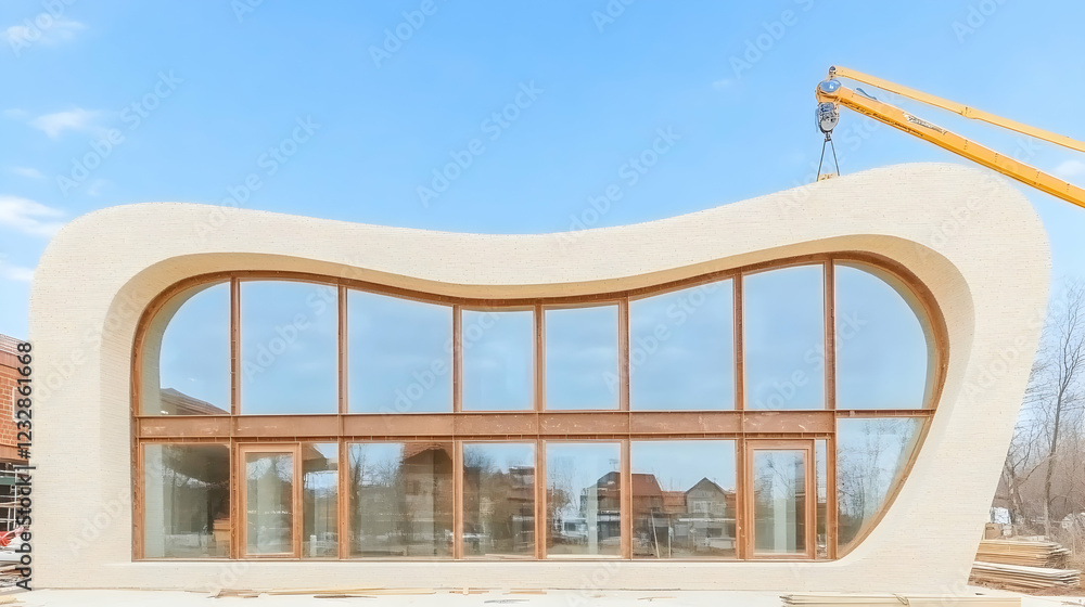 Modern curved building under construction with large windows and crane. Modern curved building under construction with large windows and crane.
