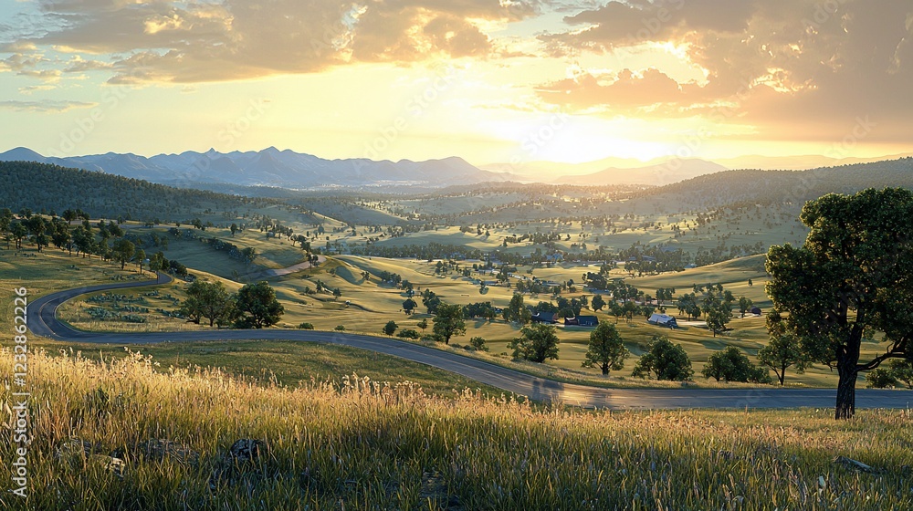 Obraz premium Scenic Rural Landscape at Sunset Over Rolling Hills