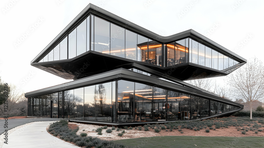 Modern glass and steel office building with unique, angular design. Modern glass and steel office building with unique, angular design.