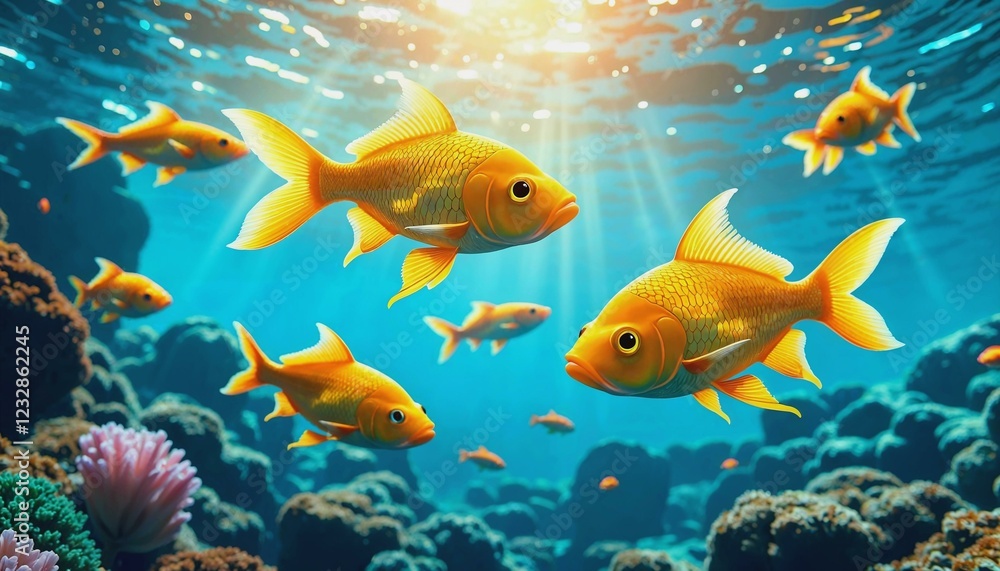 Fototapeta premium Golden fish swimming in crystal-clear water illuminated by sunlight