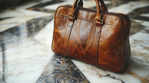 Elegant red leather handbag displayed on a marble surface capturing stylish d...