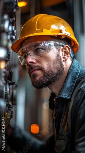 Young technician working on industrial equipment in a factory during evening ...