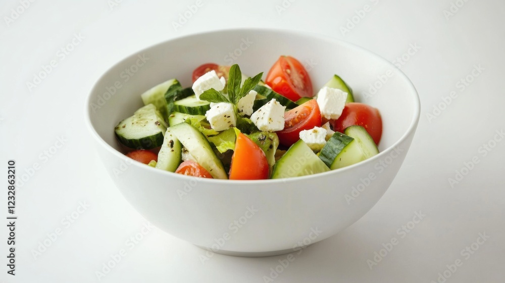 A simple bowl of plain Greek salad with cucumber, tomatoes, and feta cheese A simple bowl of plain Greek salad with cucumber, tomatoes, and feta cheese