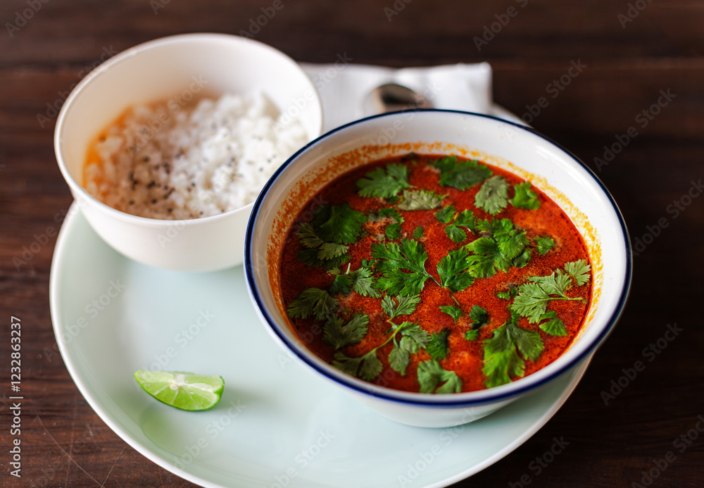 Tom Yum – Spicy Thai soup with shrimp, squid, tomatoes, mushrooms, and herbs, served with steamed rice. Rich in coconut milk, lime, and chili fo Tom Yum – Spicy Thai soup with shrimp, squid, tomatoes, mushrooms, and herbs, served with steamed rice. Rich in coconut milk, lime, and chili fo
