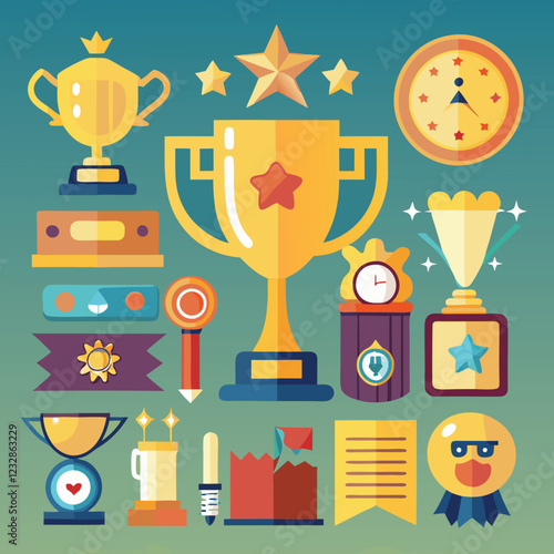 Award cups vector set, trophy icons, sport champion prize 