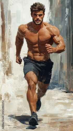 Strong male runner in urban setting during dusk with soft lighting and blurre...