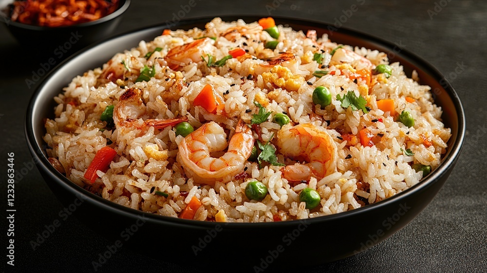Chinese fried rice with colorful vegetables and shrimp, served in a traditional bowl Chinese fried rice with colorful vegetables and shrimp, served in a traditional bowl
