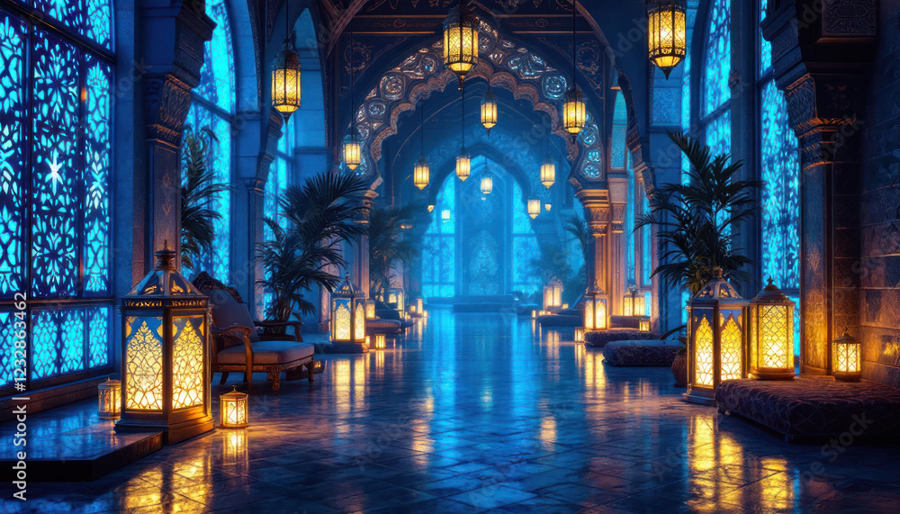 Fototapeta premium Enchanted Palace Corridor: A Nighttime Journey Through Arabian Nights