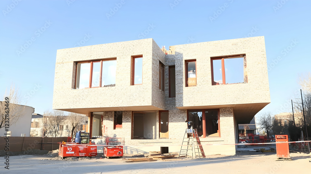 Fototapeta premium Modern house under construction, showing stone cladding, large windows, and scaffolding.