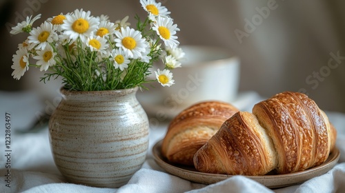 Freshly baked croissants beside a vase of daisies on a rustic kitchen table