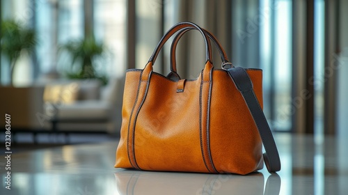 Stylish brown leather handbag placed on a table in a bright, cozy indoor setting
