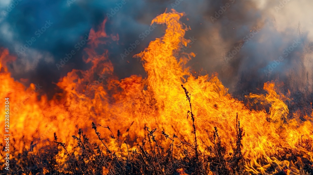 Wildfire engulfing dry grass and brush creating a fiery landscape Wildfire engulfing dry grass and brush creating a fiery landscape
