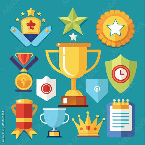 Award cups vector set, trophy icons, sport champion prize 