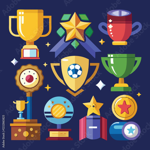 Award cups vector set, trophy icons, sport champion prize 