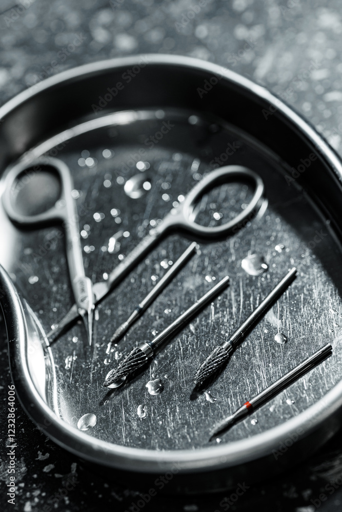 Stylish photo Stainless steel manicure tools on metal tray with water droplets Stylish photo Stainless steel manicure tools on metal tray with water droplets
