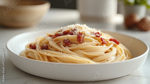 Creamy pasta dish topped with crispy bacon and grated cheese on a white plate