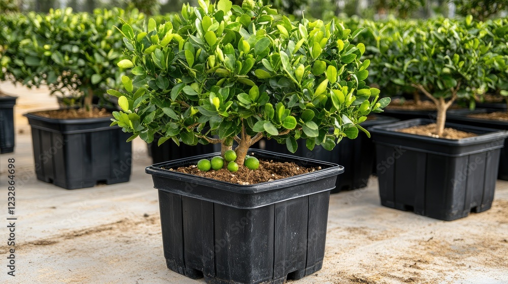 Lush green potted plants thriving in a nursery on a sunny day with fresh citrus fruits hanging from their branches Lush green potted plants thriving in a nursery on a sunny day with fresh citrus fruits hanging from their branches
