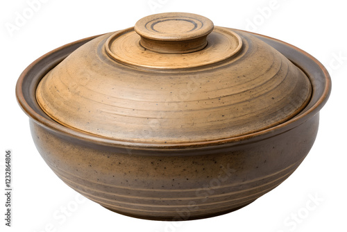 Earthenware Casserole Dish with Lid: A rustic, round earthenware casserole dish with a matching lid, showcasing a warm brown glaze and subtle texture. Ideal for serving stews, casseroles. photo