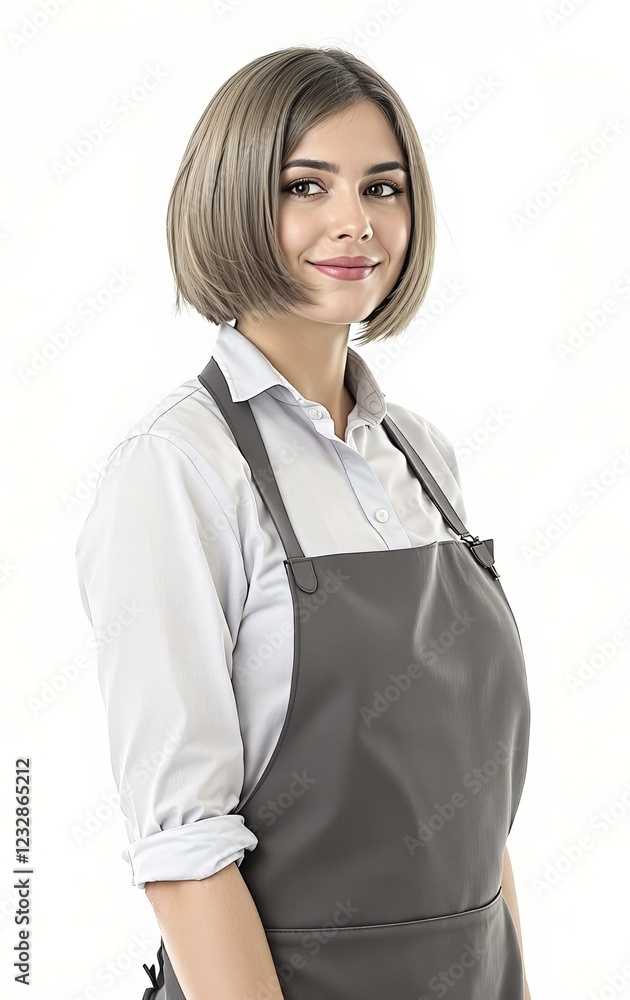 Professional barista smiling in apron and white shirt at coffee shop Professional barista smiling in apron and white shirt at coffee shop