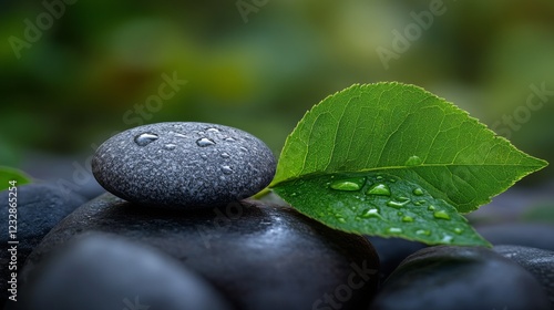 Elegant black stones and a fresh green leaf with water droplets showcasing na...