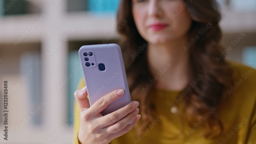 Lady shopping online smartphone application at home closeup. Smiling woman Lady shopping online smartphone application at home closeup. Smiling woman