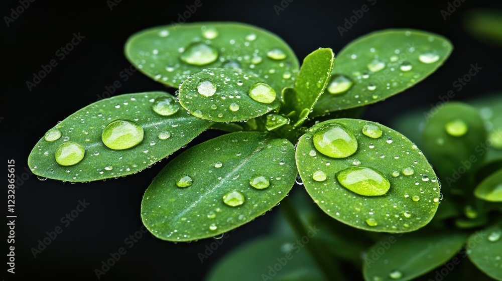 In a tranquil garden, fresh green leaves shimmer with tiny water droplets after a gentle rain, creating a peaceful scene In a tranquil garden, fresh green leaves shimmer with tiny water droplets after a gentle rain, creating a peaceful scene