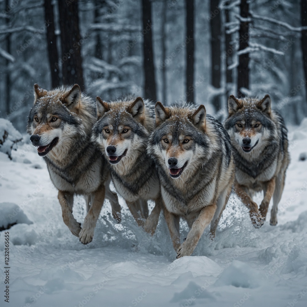Pack of wolves hunting in the snow front view at four siberian huskys at race in winter Pack of wolves running through snowcovered forest their breath visible in the cold air focused and determined Pack of wolves hunting in the snow front view at four siberian huskys at race in winter Pack of wolves running through snowcovered forest their breath visible in the cold air focused and determined