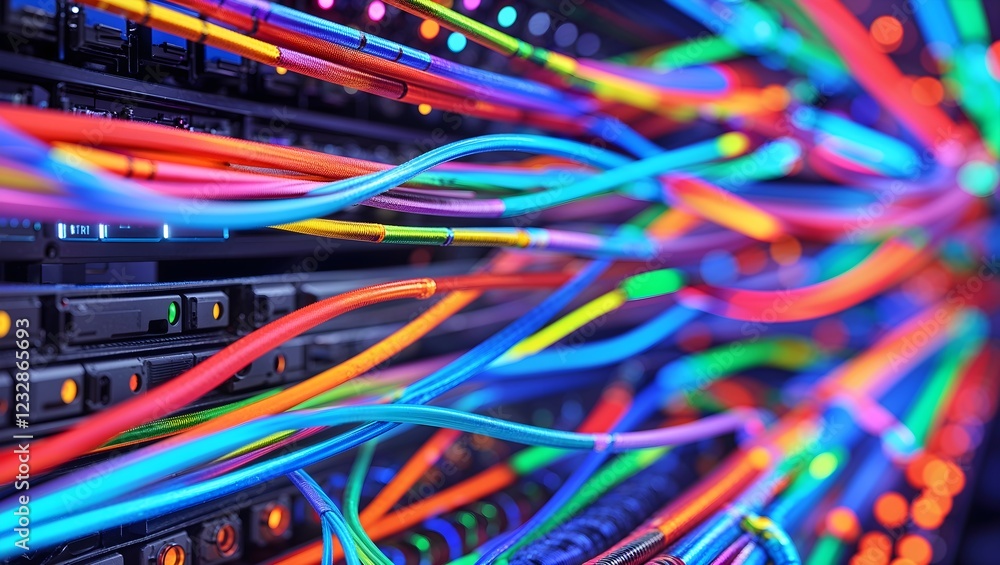 Neon-Glowing Fiber Optic Cables in a Digital Network Neon-Glowing Fiber Optic Cables in a Digital Network