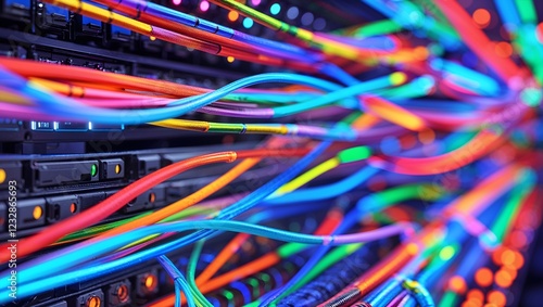Neon-Glowing Fiber Optic Cables in a Digital Network