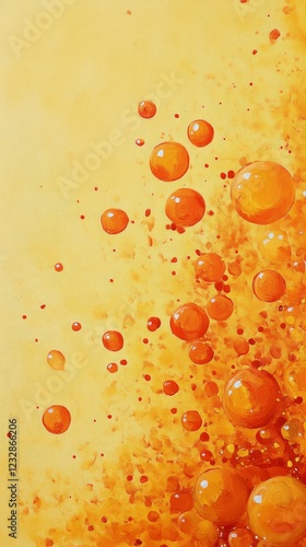 Bubbles rising in a vibrant orange and yellow liquid against a textured backg...
