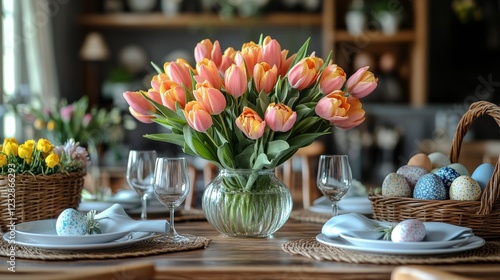 Decorative Easter table setting with pastel eggs and tulips in a cozy spring ...
