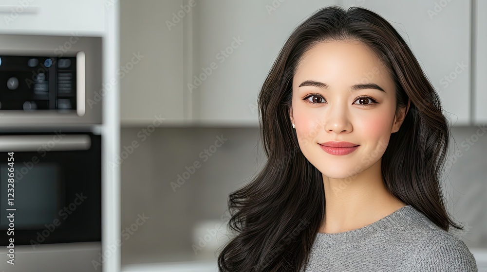 Young woman smiling in a modern kitchen, showcasing personal style and warmth in a contemporary living space for a friendly atmosphere Young woman smiling in a modern kitchen, showcasing personal style and warmth in a contemporary living space for a friendly atmosphere