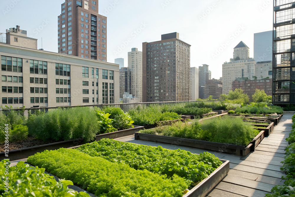 Obraz premium Microgreens Rooftop Farming, A vibrant rooftop garden showcases lush greenery amidst urban skyscrapers, blending nature with city life.