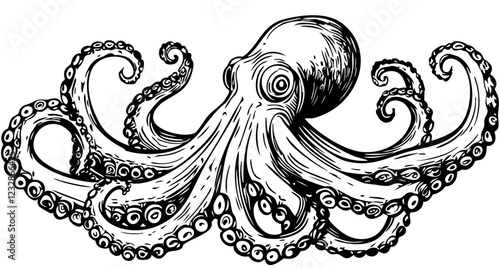 Intricate Cartoon Octopus Sketch A Classic Monochrome Representation, Sketch, No Background (1)