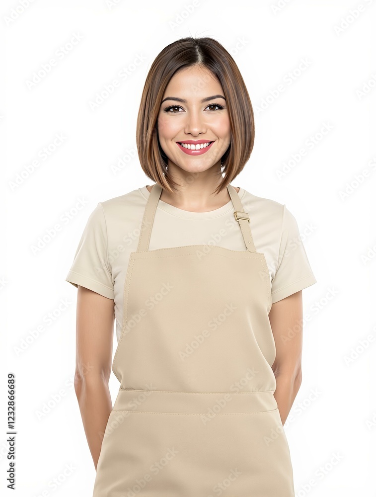 Smiling woman in beige apron on white background embracing hospitality concept Smiling woman in beige apron on white background embracing hospitality concept