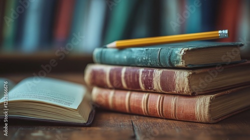Open book with yellow pencil on stack of blue hardcover books in library setting