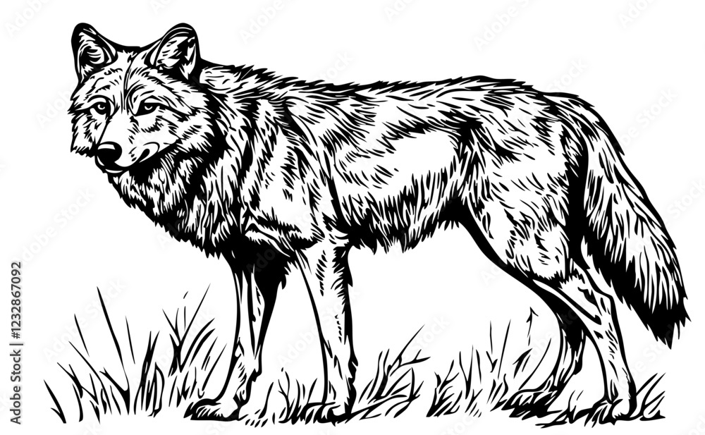 Fototapeta premium Intricate Wolf Sketch A Classic Monochrome Representation, No Background