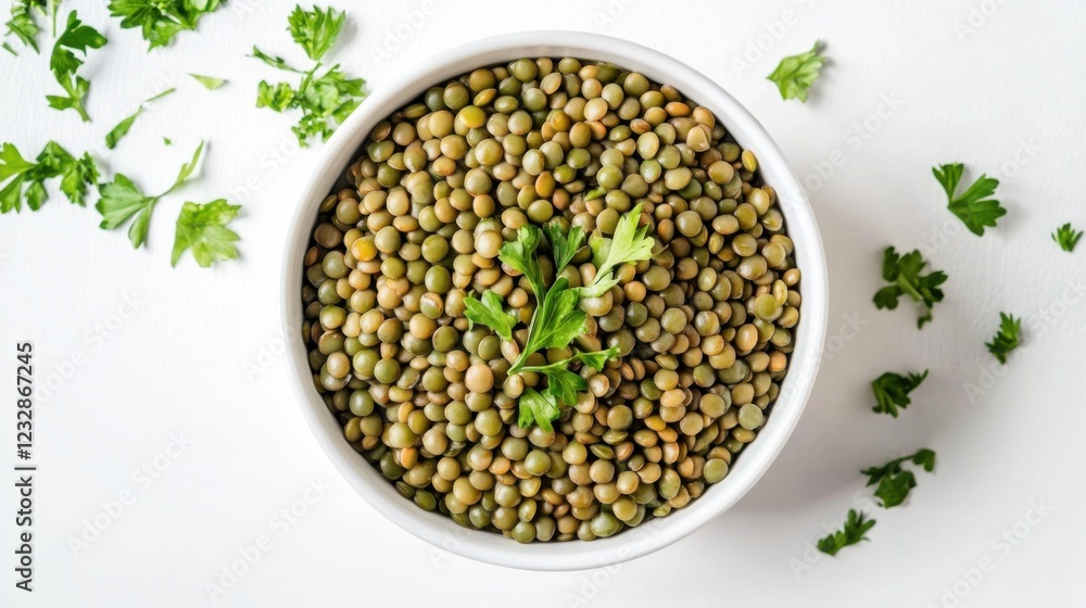 A simple bowl of plain green lentils with a light drizzle of olive oil and a sprinkle of chopped cilantro, served in a minimalist white ceramic bowl, Green lentils centered A simple bowl of plain green lentils with a light drizzle of olive oil and a sprinkle of chopped cilantro, served in a minimalist white ceramic bowl, Green lentils centered