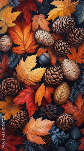 Vibrant autumn leaves and pinecones arranged on a dark background in an artis...