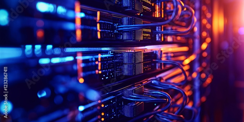 Close-Up of Advanced Networking Cable Management in a Server Room with High-Speed Cables and Volumetric Lighting Generative AI