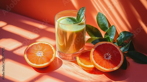 Fresh green smoothie with oranges and leaves on a vibrant background