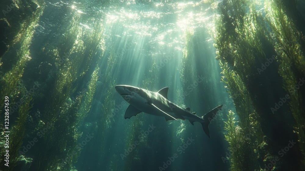 Fototapeta premium Shark swimming kelp forest, sunlight beams, ocean