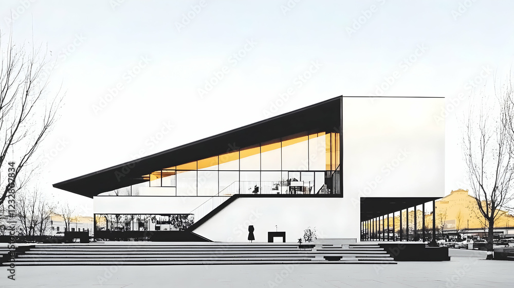 Modern white building with glass facade and dark roof. Modern white building with glass facade and dark roof.