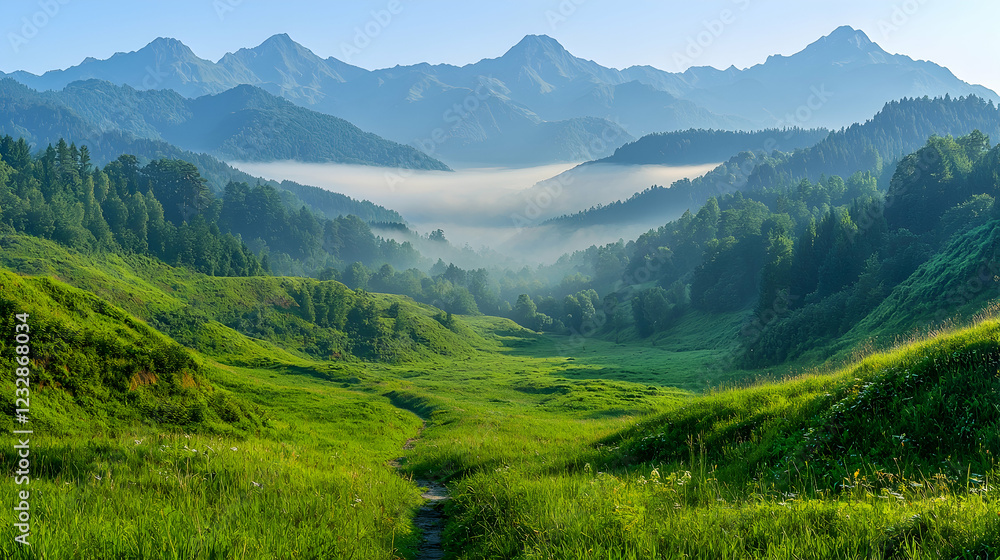 Fototapeta premium Misty mountain valley sunrise, green hills, scenic view, nature wallpaper