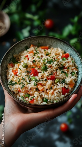 Colorful vegetarian bowl featuring rice, fresh vegetables, and herbs in a lus...