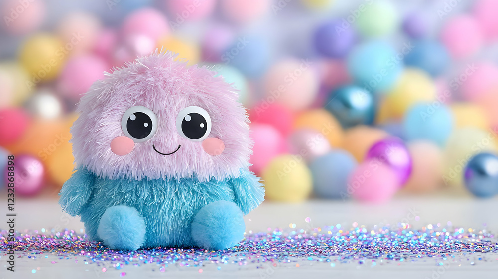 Fototapeta premium Cute fluffy pink and blue plush toy monster sitting on a glittery surface with a colorful pastel bokeh background.
