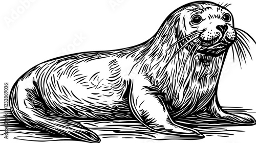 Monochrome Seal Exquisite Hand-Drawn Illustration, Sketch, No Background