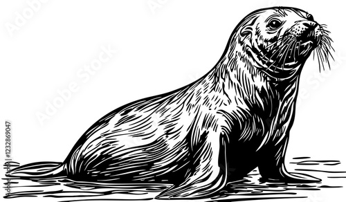 Monochrome Seal Exquisite Hand-Drawn Illustration, Sketch, No Background