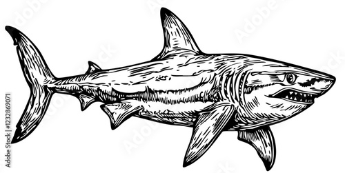 Monochrome Shark Exquisite Hand-Drawn Illustration, Sketch, No Background