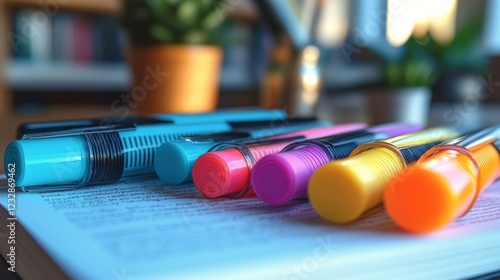 Colorful markers arranged on an open notebook with soft lighting in a cozy se...